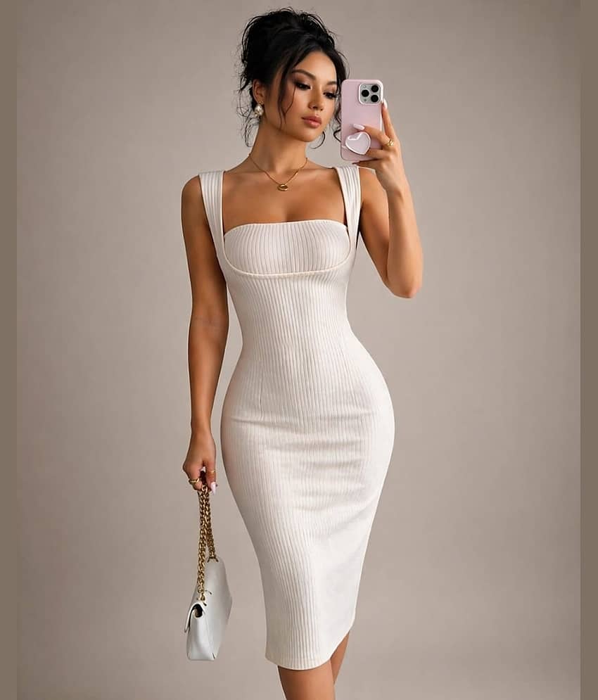 Traquila Women Lycra Bodycon Dress ( Cream )