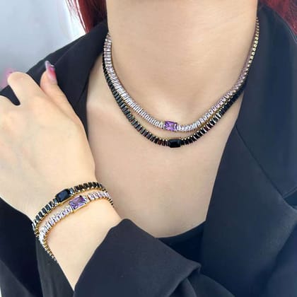 Baguette Purple Black Cubic Zirconia 18K Gold Copper Anti Tarnish Tennis Bracelet Necklace For Women-Purple / Bracelet