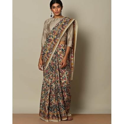 Multi Cream color Kalamkari Linen Digital Printed Sari 1241