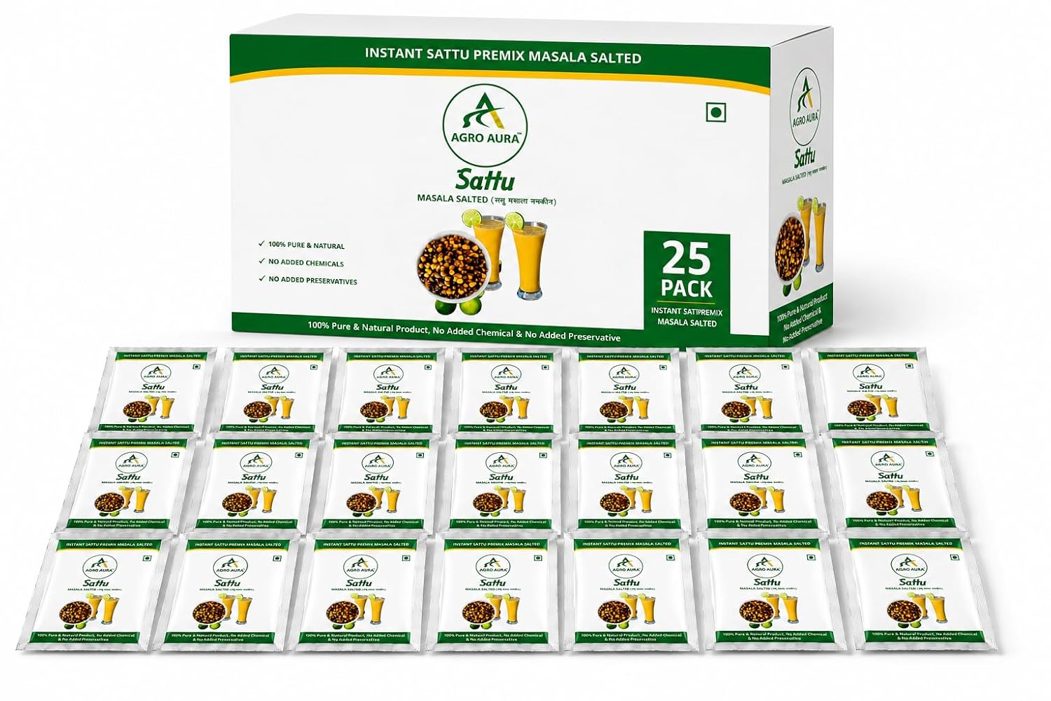 AGRO AURA Instant Sattu Premix Masala Salted 100% Pure and Natural No Added Chemicals or Preservatives Pack of 25 Sachets