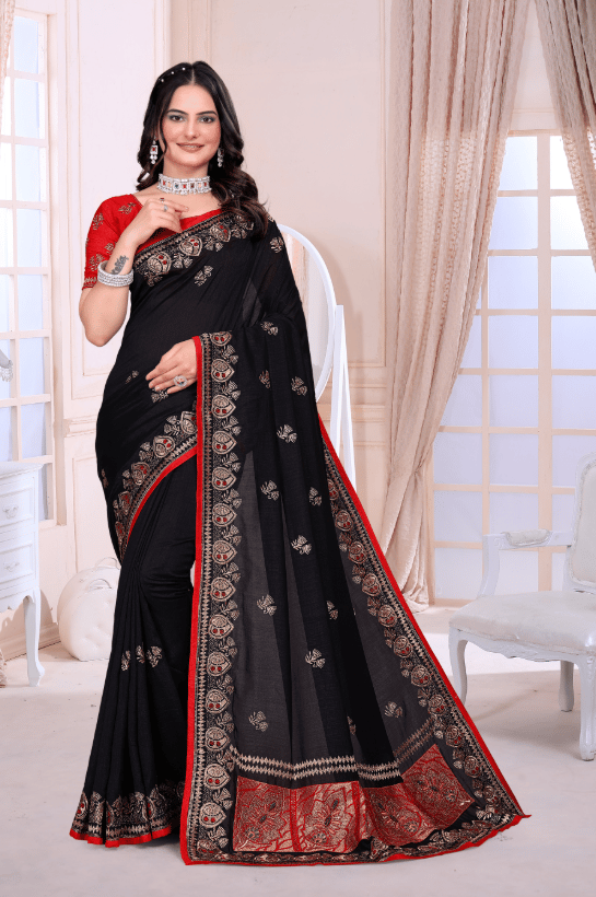 bollywood high quality heavy blooming vichiitra silk with embroidery work Saree With fancy Bluose