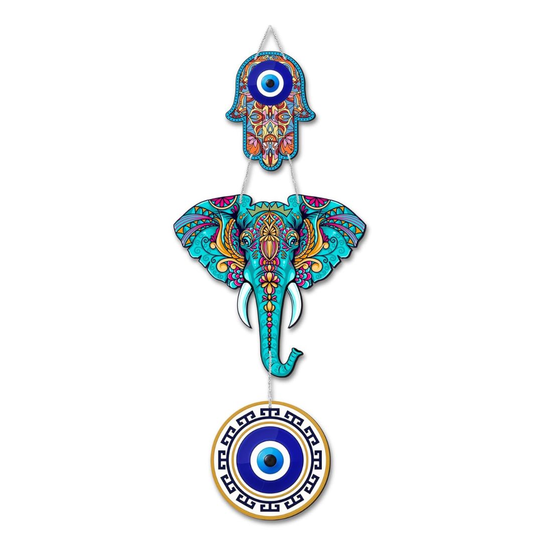 Vibrant Elephant Evil Eye Wall Hanging for Home Dcor Goodluck Charm Vastu & Protection Showpiece 18 x 6.5 inch