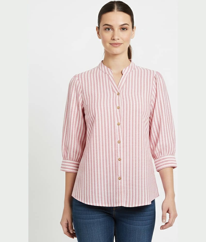 QuaClo Women Striped Cotton Blend Shirt ( Pink )