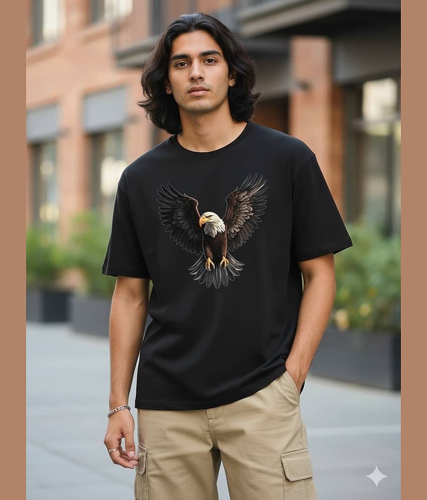 ELBATROSS Men Cotton Blend Oversized Fit Printed T-Shirt ( Black )