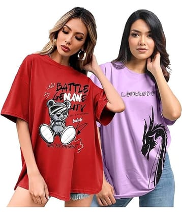 Leotude Women Cotton Blend Printed Oversized Fit Round Neck T-Shirt ( Multicolor )
