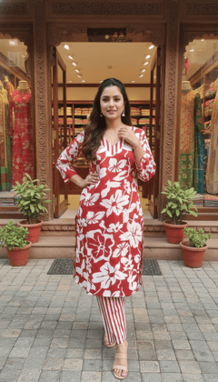 Maroon Floral Cotton Kurti Pant Set for Women | V-Neck Printed Kurti with Striped Pants | Casual Daily Wear