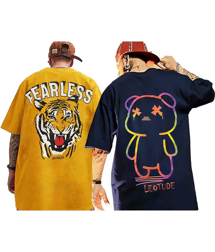 Leotude Pack of 2 Cotton Blend Oversized Fit Men's T-Shirt ( Mustard )