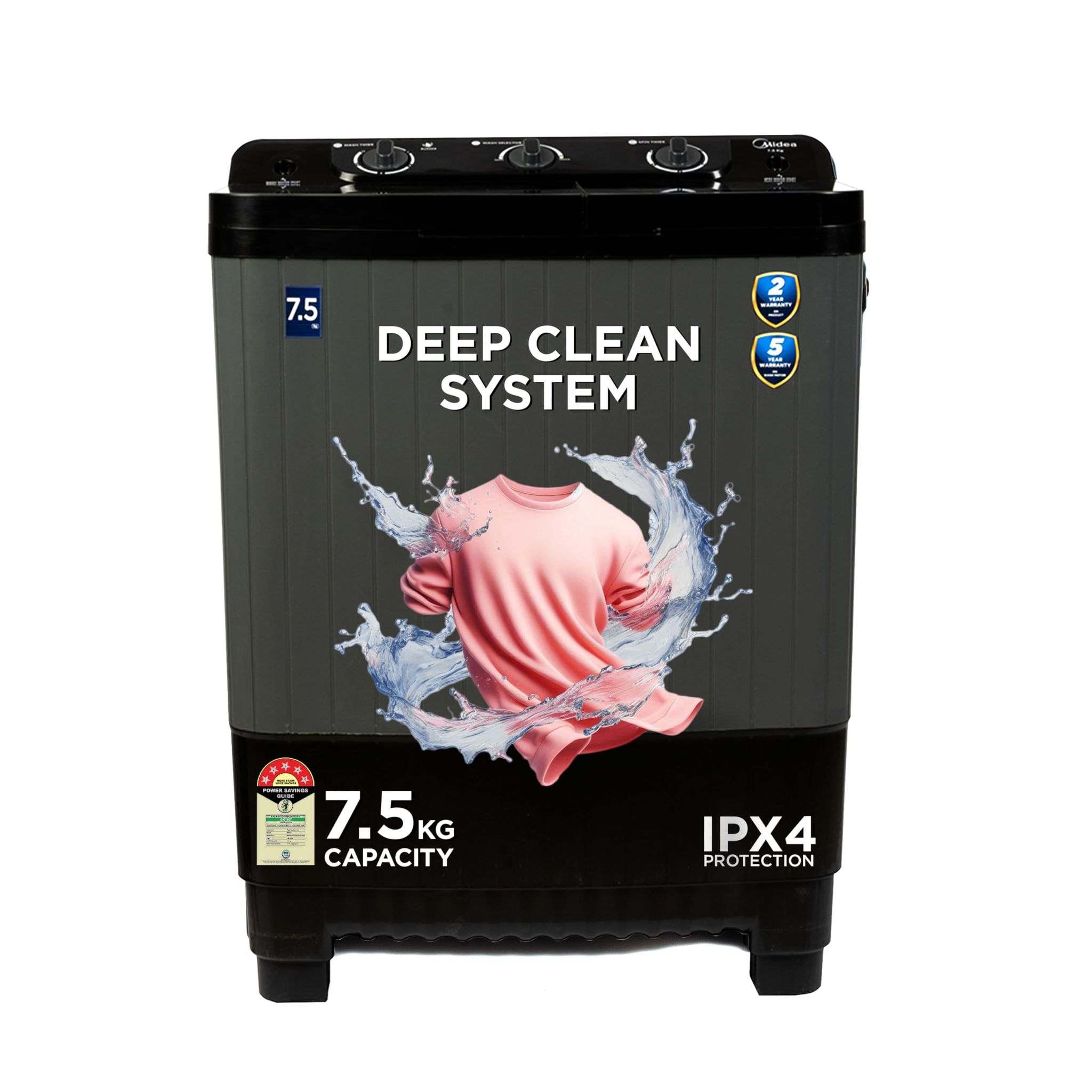 Midea 7.5 KG Semi Automatic Top Loading Washing Machine, Rust proof Body with 1300 RPM (MWMSA075GPG, Black Grey) Midea 7.5 KG Semi Automatic Top Loading Washing Machine, Rust proof Body with 1300 RPM (MWMSA075GPG, Black Grey) - Maroon White