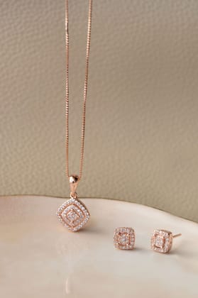 Ecentric Square Rose Gold Plated Sterling Silver Pendant Set-With Chain / Rose