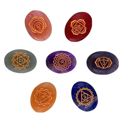 Seven Chakra Symbol Reiki Crystal Healing Set of 7 pcs with Box Reiki Engraved Natural Crystal Oval Reiki Set(KI_09)  by Krishna Impex
