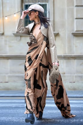 Brown Digital Print Satin Saree