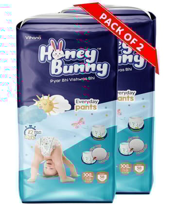 Honey Bunny Pants Diapers XXL-76pcs (Pack of 2) Wetness Indicator,Silky Soft-Bubble sheet (12-25kgs)