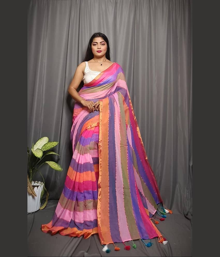 SARADA HANDLOOM Cotton Striped Saree With Unstitched Blouse Piece ( Multicolor )