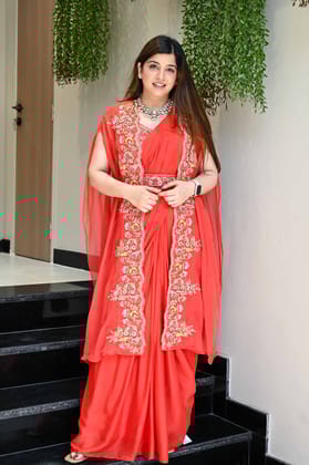 Keerna Orange Anarkali With Attached Dupatta And Cape-M-L