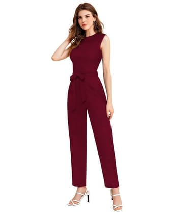 Women's Knitting Stretchable Solid Round Neck Sleeveless Jumpsuit (Maroon, S)-PID56797