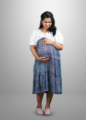 Navy Blue Square Themed 3 Tiered Hacoba designed Rayon Dress - Half Sleeve Navy Blue Square Themed 3 Tiered Hacoba designed Rayon Dress - Half Sleeve