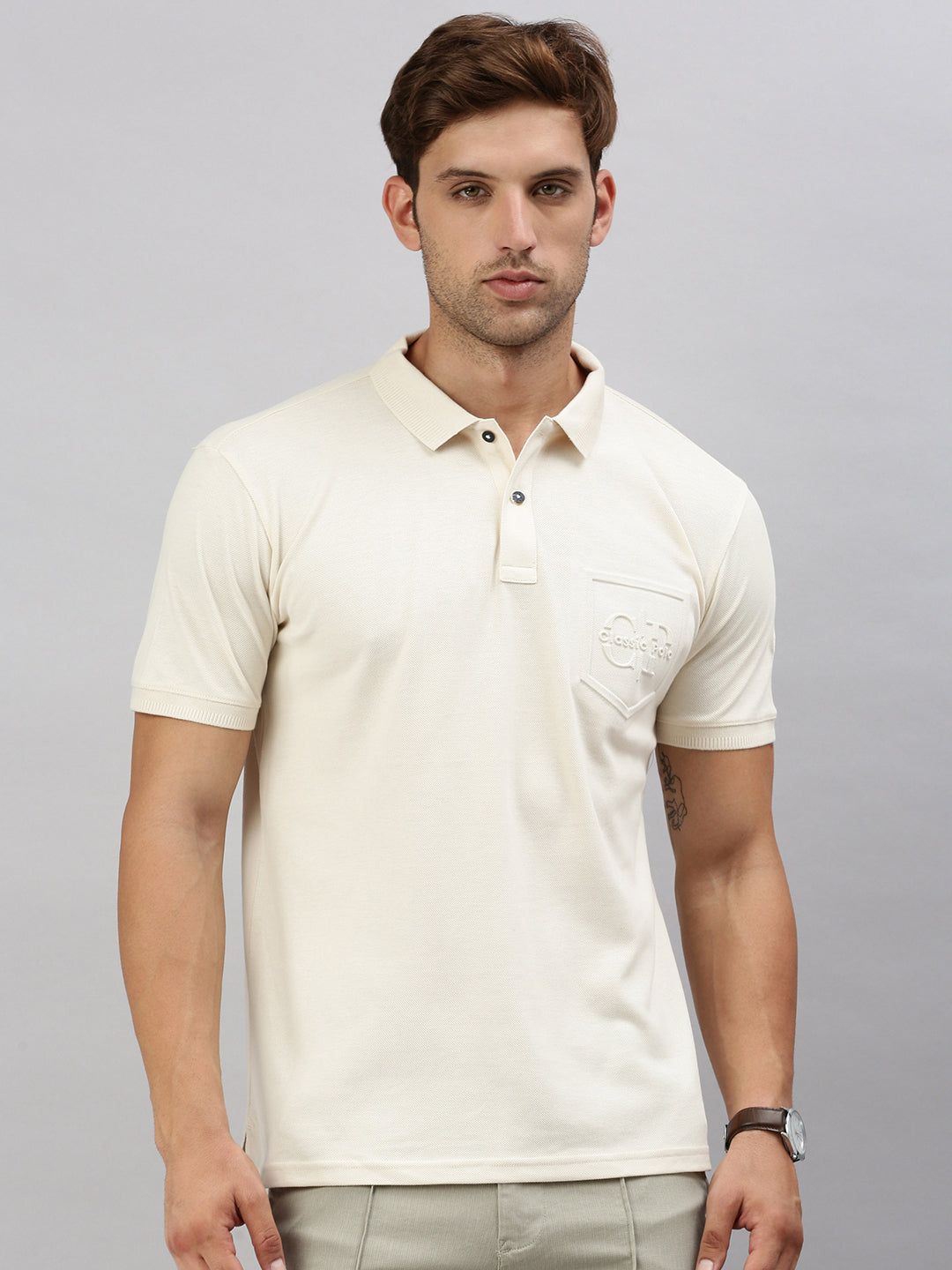 Classic Polo Men's Half Sleeve Cream Polo Neck Slim Fit Solid T-Shirt | ELITE-POLO-23 B SF P