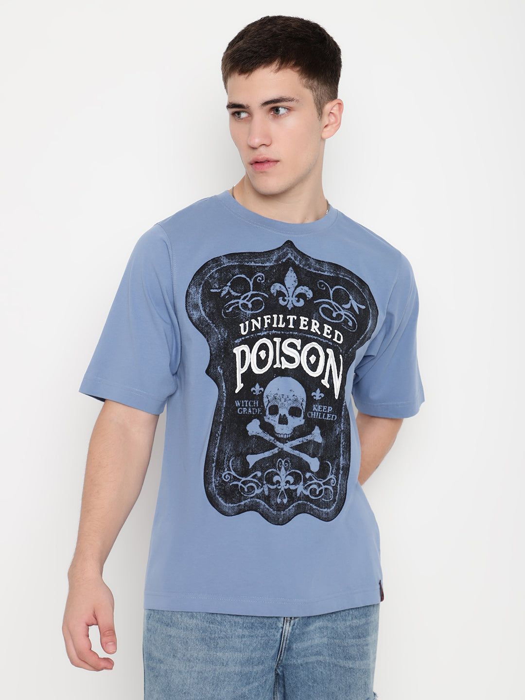 PUNK Blue POISON   Regular Length Short Sleeves Oversized Tshirt-Blue / M