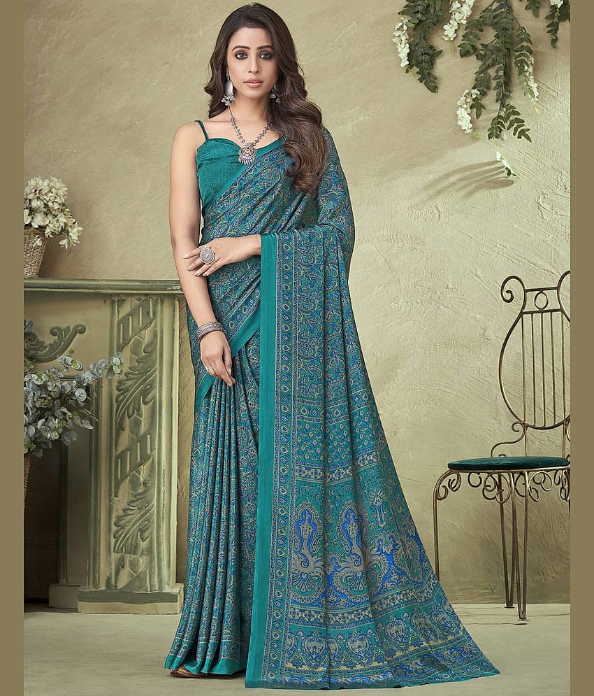 Satrani Crepe Printed Saree With Unstitched Blouse Piece ( Mustard )