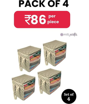 PrettyKrafts Non Woven with Plastic Saree Cover Organizer with Handles and Transparent front (Ivory Dots, XL/15 x 12 x 15 Inches) - Pack of 4