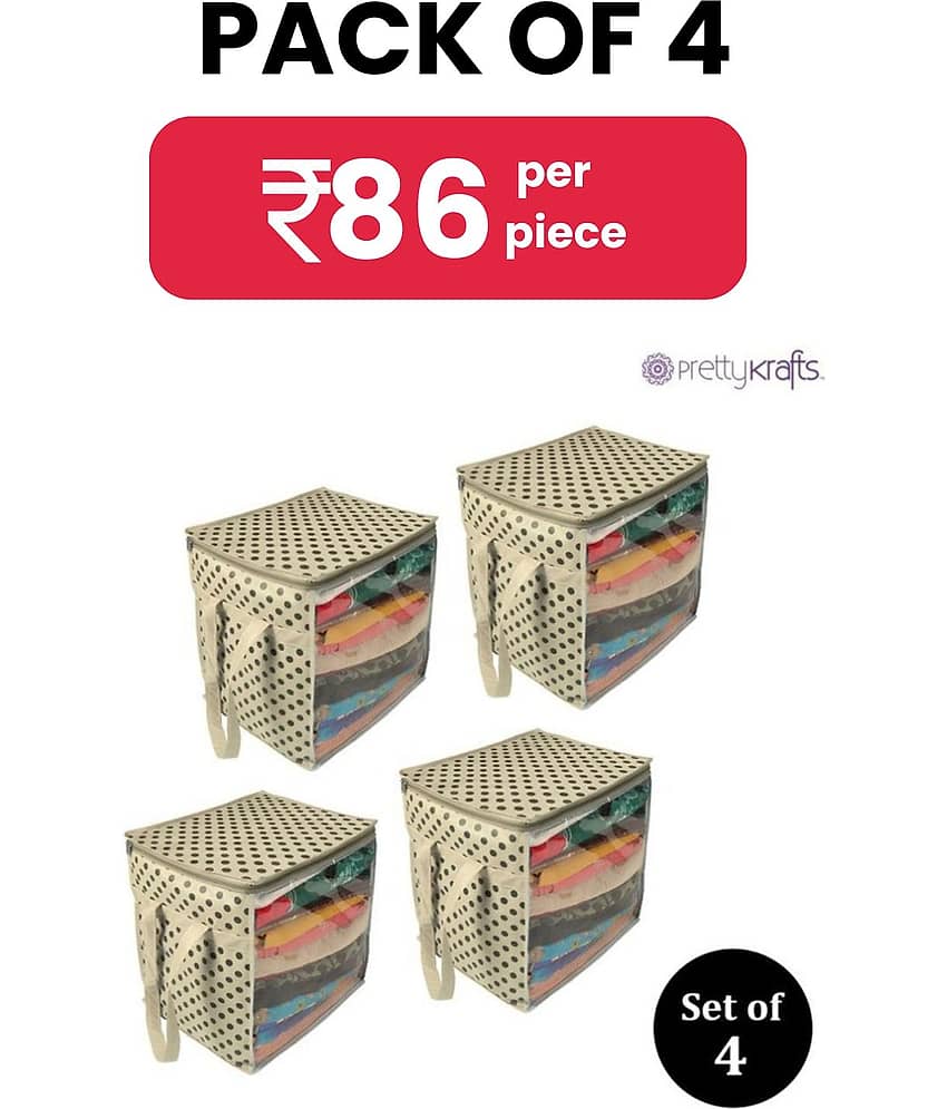 PrettyKrafts Non Woven with Plastic Saree Cover Organizer with Handles and Transparent front (Ivory Dots, XL/15 x 12 x 15 Inches) - Pack of 4