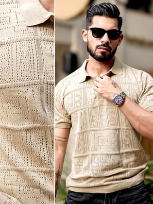Pointel FlatKnit Cotton Beige Polo T-Shirt-S / Beige