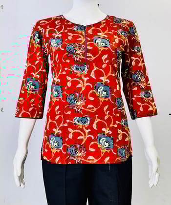 Red blue kalamkari handblock printed cotton top