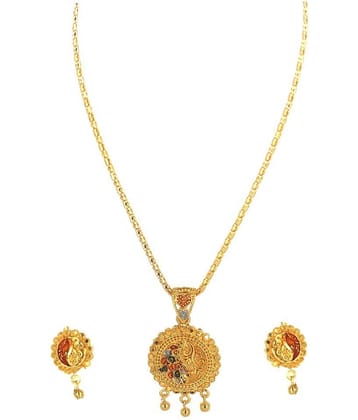 SHANKH-KRIVA NON ADJUSTABLE GOLD PLATED MEENA KARI PENDANT SET WITH 18"INCH CHAIN AND EYERINGS-100406