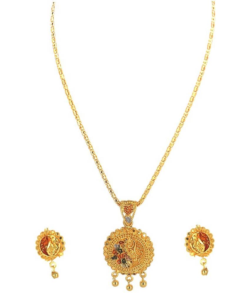 SHANKH-KRIVA NON ADJUSTABLE GOLD PLATED MEENA KARI PENDANT SET WITH 18"INCH CHAIN AND EYERINGS-100406