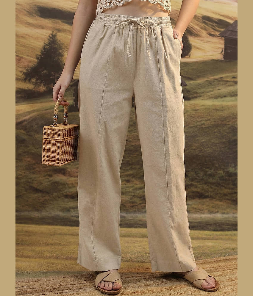DE TRENDZ Women Cotton Wide Leg Trousers ( Beige )