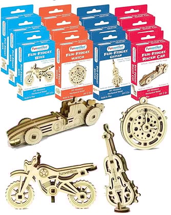 Funvention Fun Fidgets Assorted (3 x 4 DIY Miniature Mechanical Models Bike, Car, Guitar & Watch) Pack of 12 - Birthday Return Gifts Party Pack Return Favors for Kids Art & Craft STEM Learning Toys