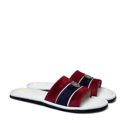 Women's Red & Blue Velvet Strap White Leather Slide-in Slippers by BRUNE & BARESKIN-36/3
