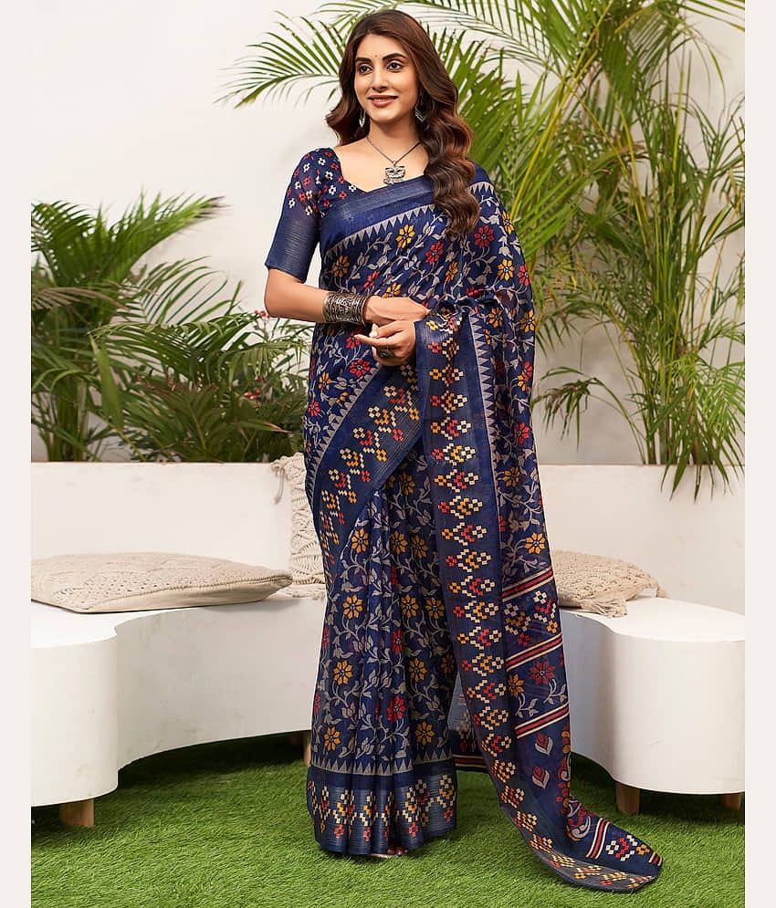 Samah Cotton Blend Printed Saree With Unstitched Blouse Piece ( Yellow )