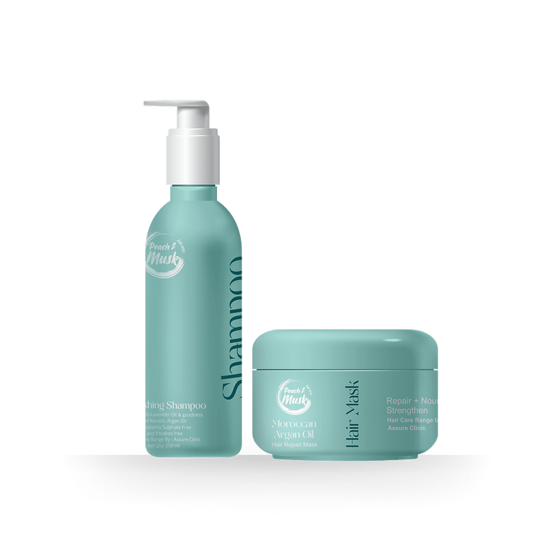 Peach and Musk Moroccan Argan Hair Care Kit Including Nourishing Shampoo 250 ml and Hair Repair Mask 180 gm | Hair Volumizing | Smoothening | Nourishing | Sulphate and Paraben Free