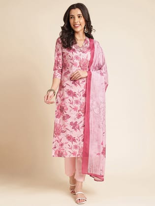 Pink Floral Pure Cotton Printed & Handwork Kurta Set-S