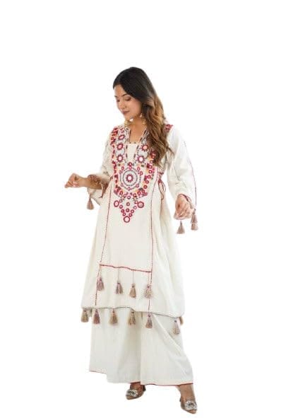 Embroidered Kurti Set with Tassels & Matching Pants