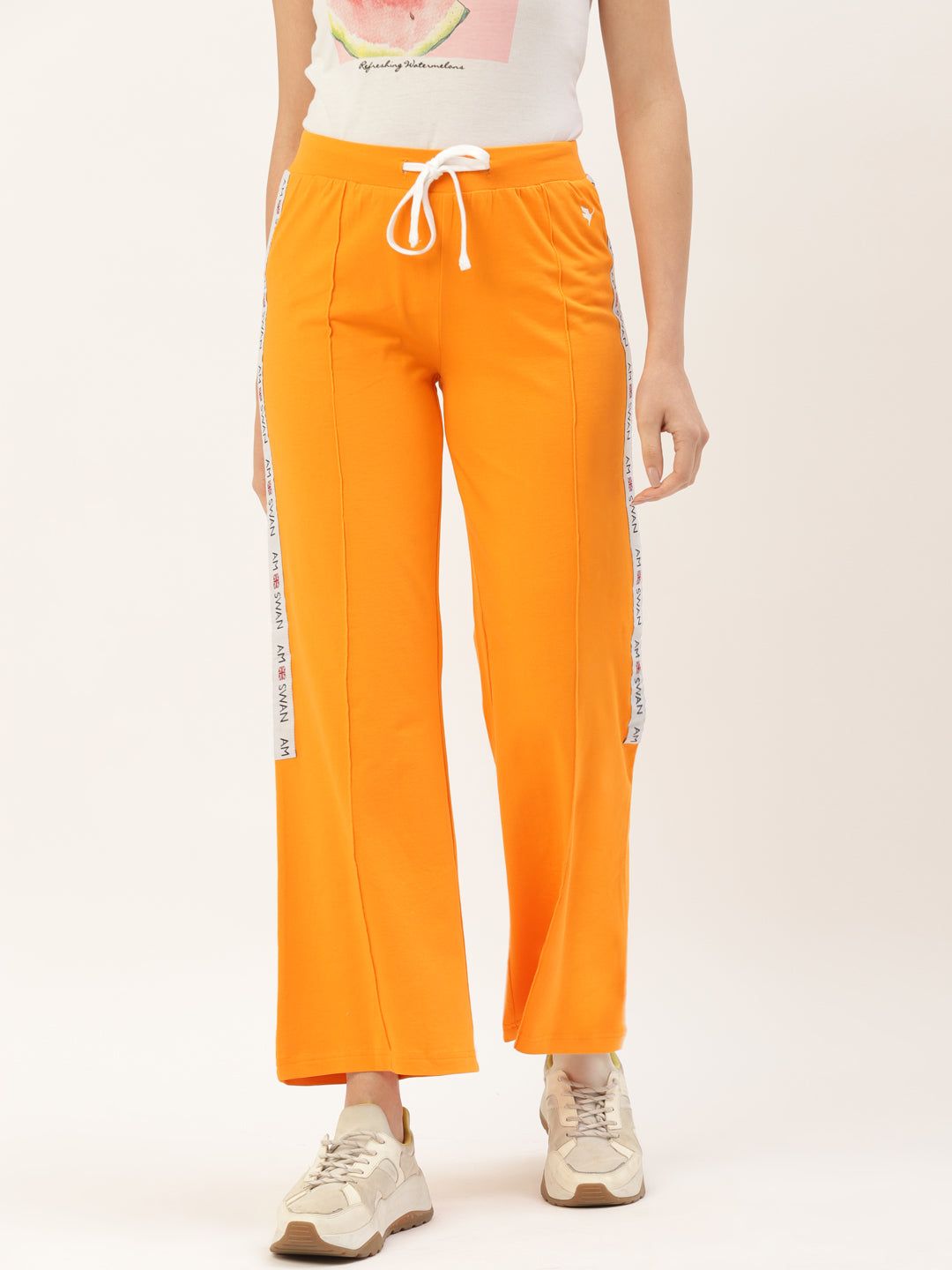 Womens Cotton Lycra Smart Fit Solid Track Pants-L / Flame Orange