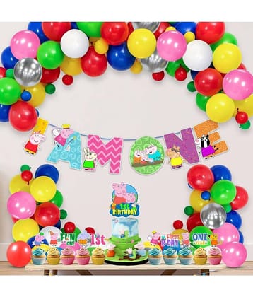 Zyozi Multicolor Peppa Pig Birthday Party Decorations Combo Include Happy Birthday Banner, Cake Topper, Balloons, Cupcake Toppers, Pig Party Supplies for Kids (Pack of 37) (1st BIRTHDAY)