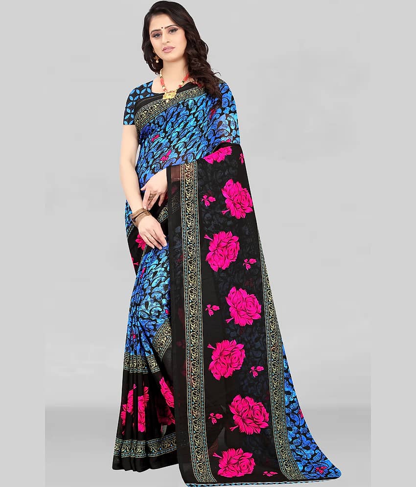 LEELAVATI Georgette Printed Saree With Unstitched Blouse Piece ( Blue )