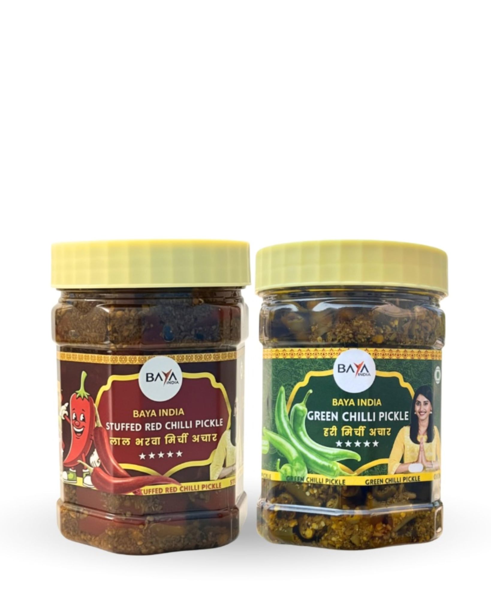 Baya India – Combo of Stuffed Red Chilli Pickle & Green Chilli Pickle (350g × 2) | Total 700g