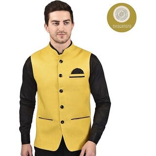 PrintCulture Men Solid Yellow Cotton Blend Nehru Jacket PrintCulture Men Solid Yellow Cotton Blend Nehru Jacket