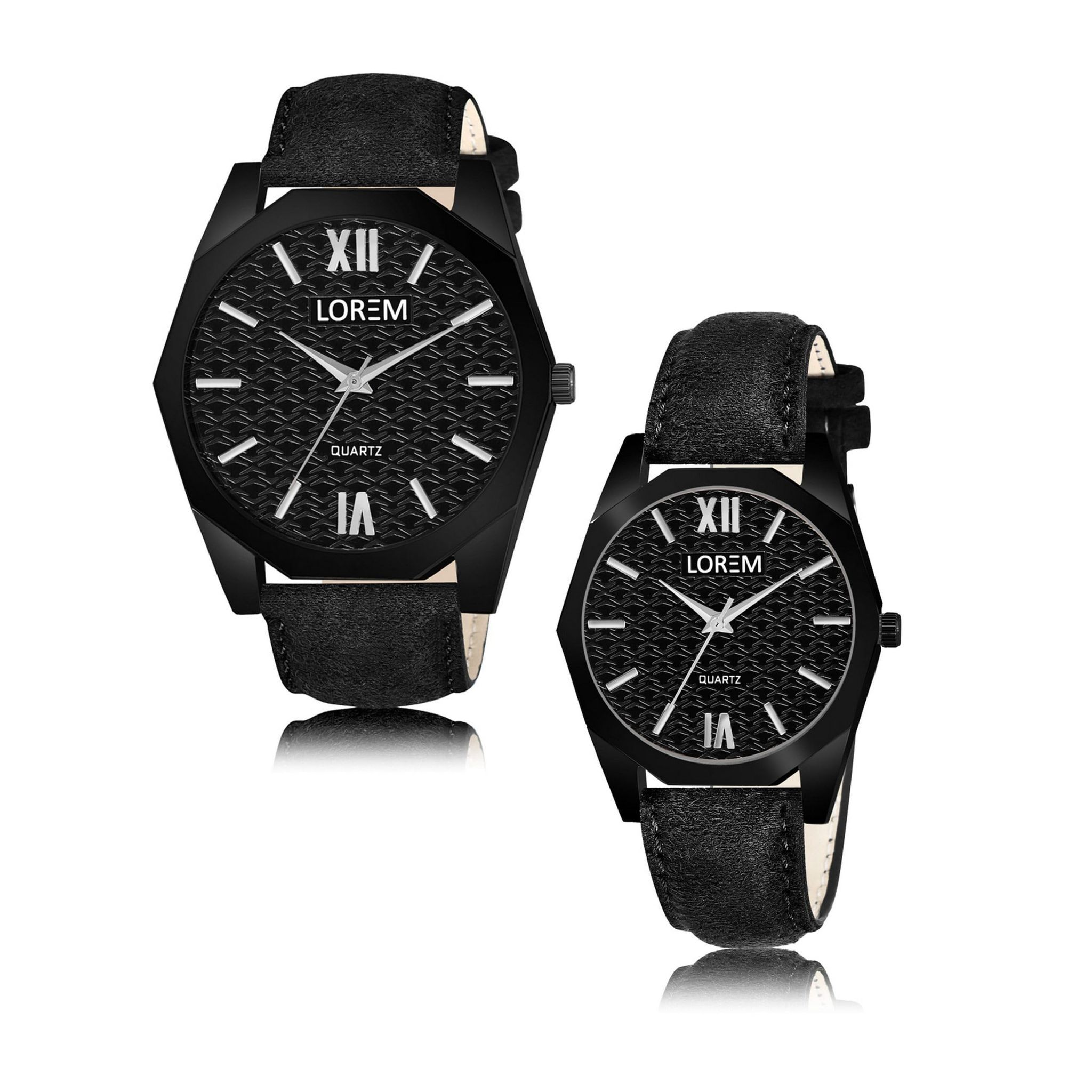 LOREM Couple Watches with Embossed Dial, Premium Faux Leather Strap, Quartz Movement, Black