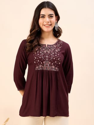 Women's Burgundy embroidery Fancy Top-TP-1424 BRGD / Burgundy / 2XL