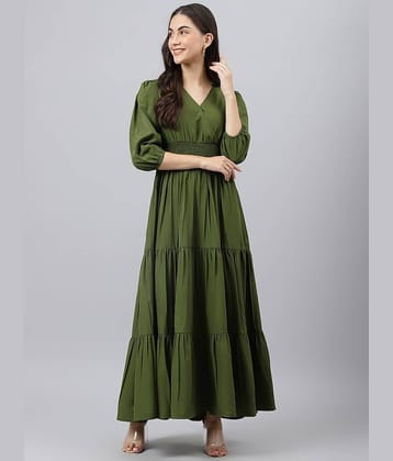 Femvy Women Crepe Solid Fit & Flare Dress ( Olive )