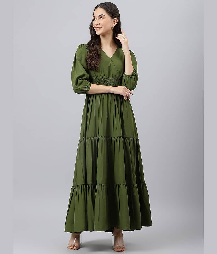 Femvy Women Crepe Solid Fit & Flare Dress ( Olive )