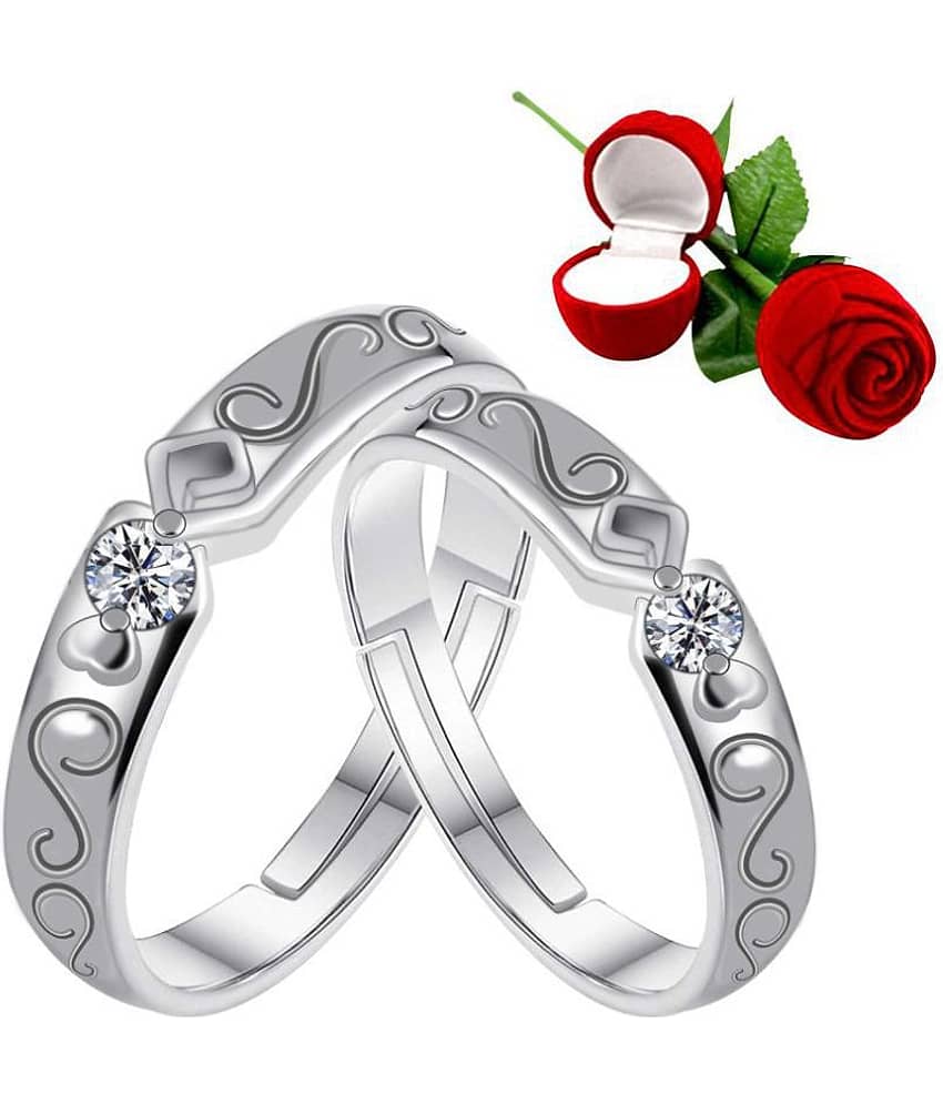 Silver Shine Silver Plated Adjustable Couple Ring with 1 Piece Red Rose Gift Box  for Men and Women