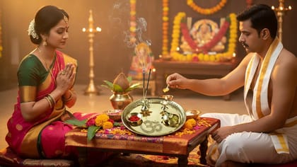 Gold Traditional Brass Pooja Thali With Om Symbol, 11 Inch Diameter, Gold Finish, Complete Aarti Set For Diwali, Navratri, Rakhi, Wedding Return Gift