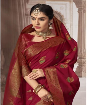 Women's Chanderi Cotton Printed Saree with Unstitched Blouse (Red, 5-6 Mtrs)