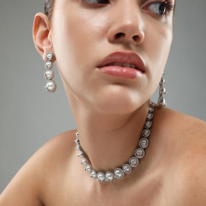Seraphic Pearls Diamond Necklace Set-CZ DIAMOND STONES PEARLS / WHITE