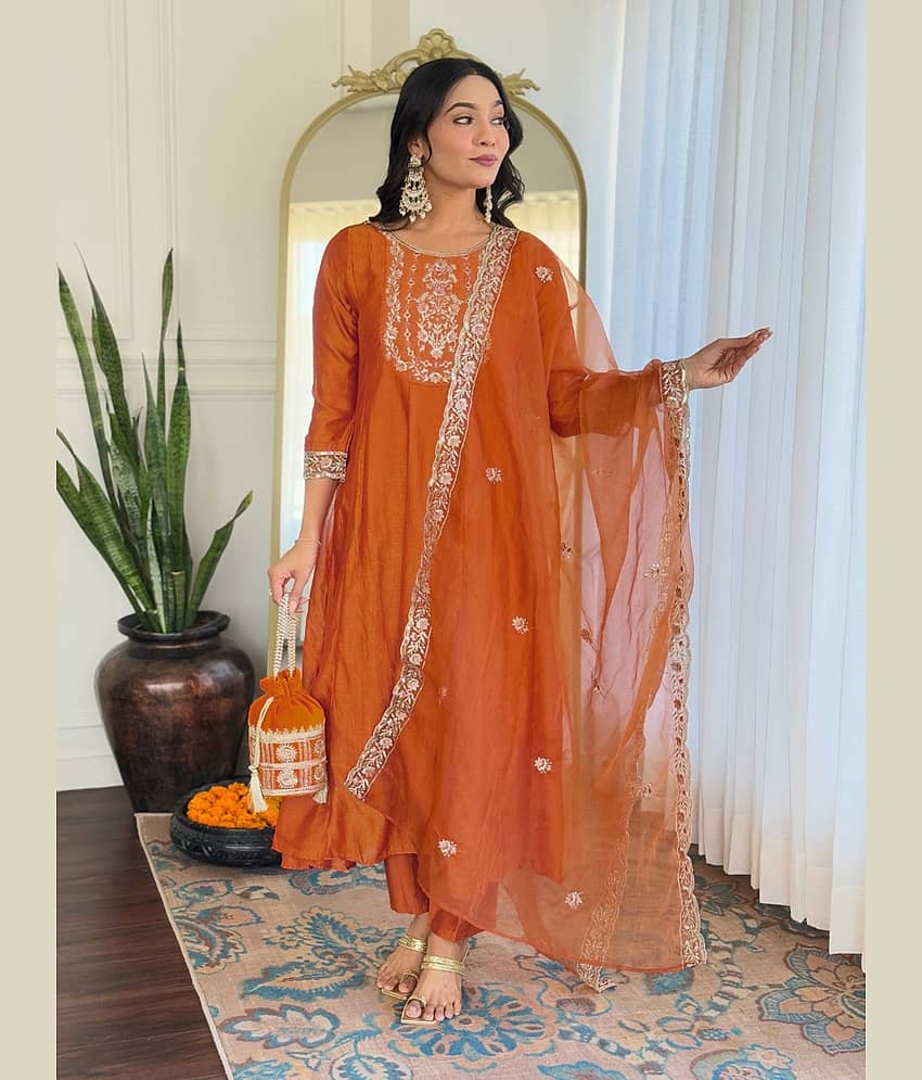 Eeloo Silk Embroidered Kurti With Pants Women's Stitched Salwar Suit - Orange ( Pack of 1 )